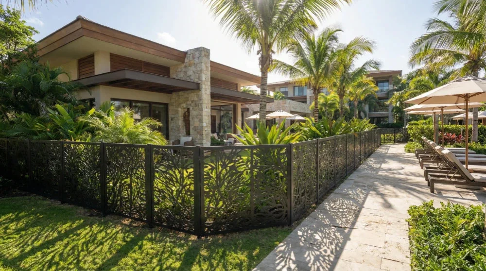 Wide view from the swimming pool showing the privacy screen in context.