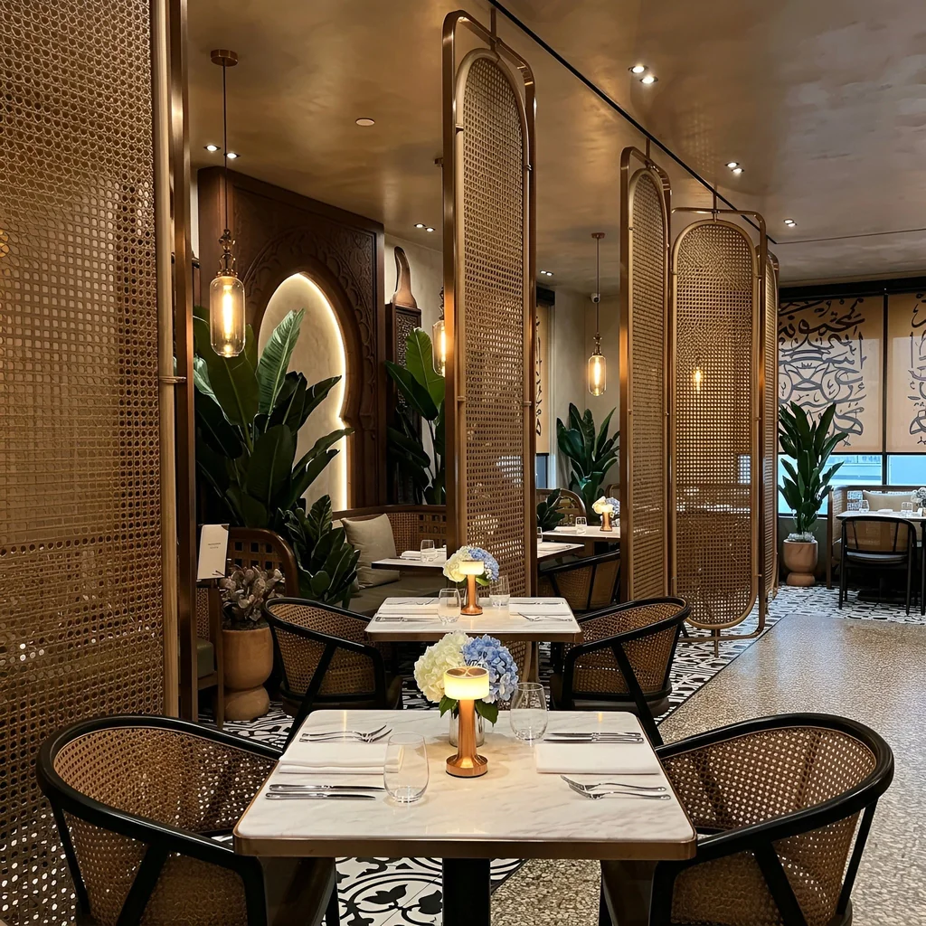 Bronze perforated oval screen partitions in a fine dining restaurant — visualization