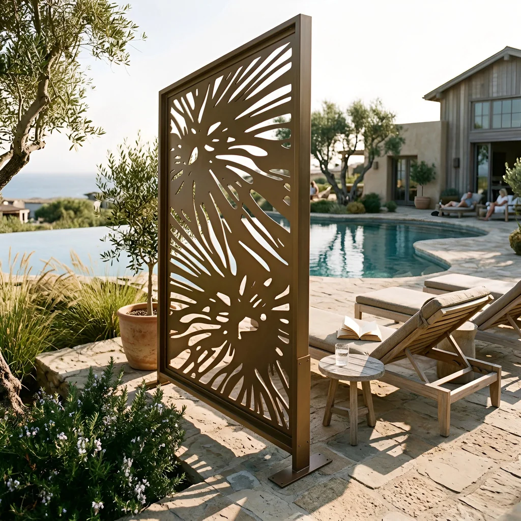 Bronze PVD wave-pattern privacy screen on a coastal resort pool terrace — visualization