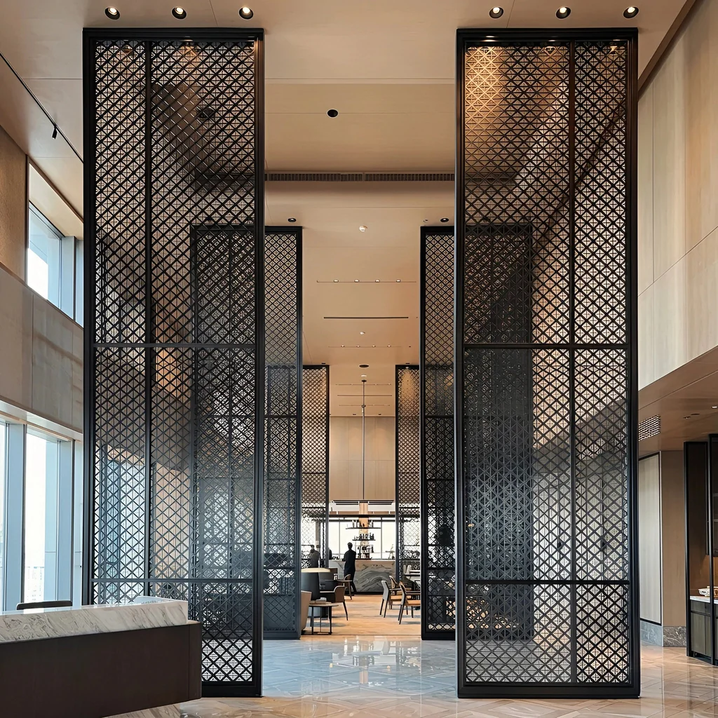 Dark PVD framed metal mesh partition screens in a hotel lobby — visualization