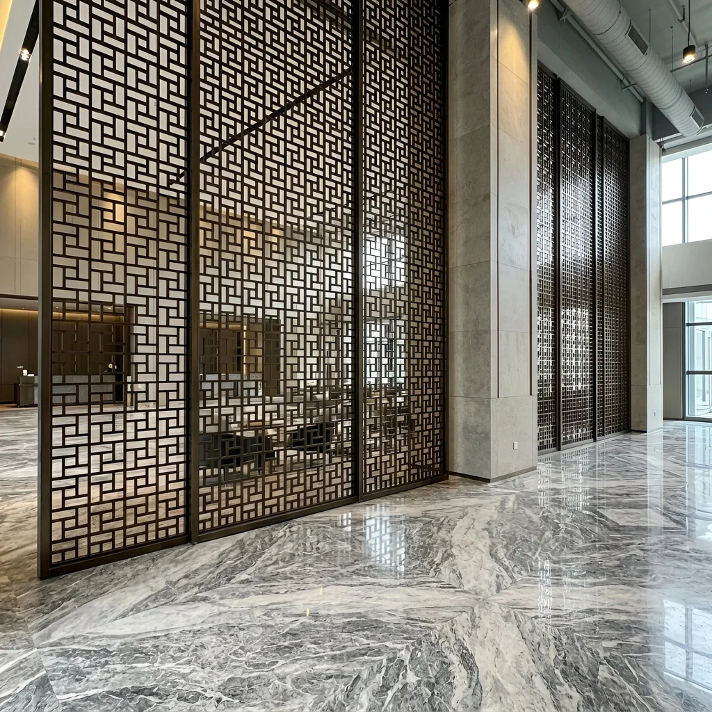Large-format antique bronze key-fret screen wall in a hotel lobby — visualization